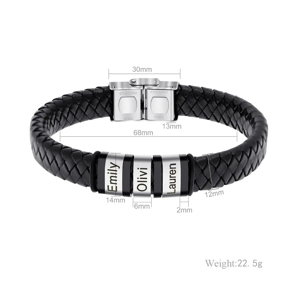 Custom Family Names Beads Personalized Mens Leather Bracelet Stainless Steel Charm Bangle Fashion Jewelry Gift for Men Dad