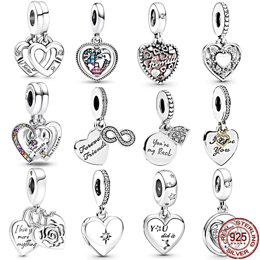 925 Sterling Silver Linked Sister Hearts Split & Openable Heart Locket Dangle Charm Bead Fit Original Pandora Bracelet Jewelry