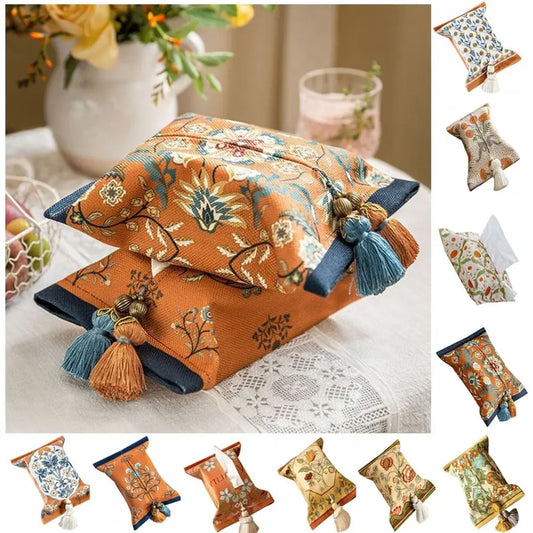 Vintage 18x24cm Short Plush Tissue Bag American Floral Tissue Box Holder Decorative Rectangle Napkin Paper Box Home