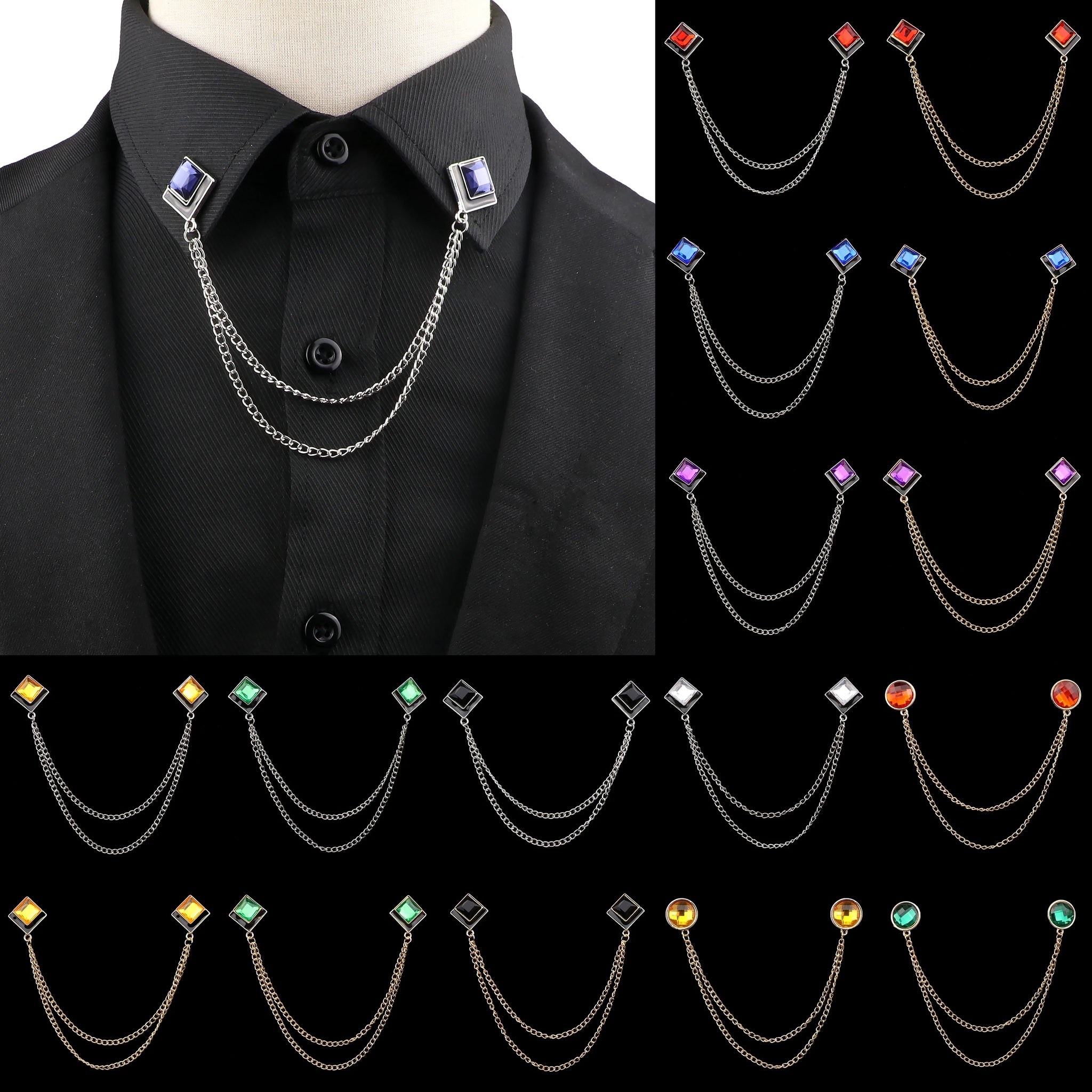 Fashion Square Round Rhinestone Tassel Chain Brooches Chic Men Women Suit Shirt Collar Luxury Jewelry Retro Wedding Accessories
