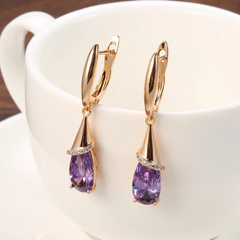 SYOUJYO Water Drop Amethyst Dangle Earrings For Women 585 Rose Gold Color Piercing Wedding Jewelry Natural Zircon Earrings