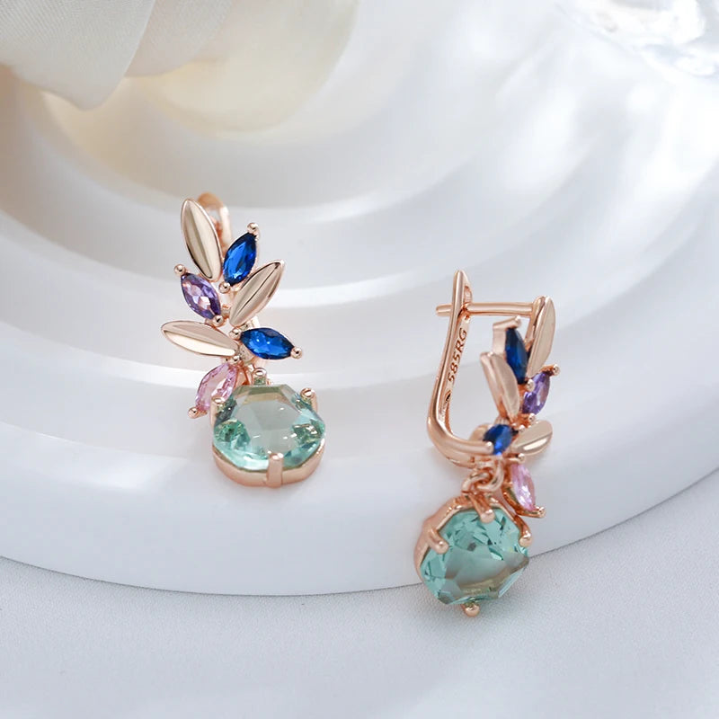 Kinel Fashion Unique Green Stone Drop Earrings for Women Rhombus Natural Zircon 585 Rose Gold Color Vintage Wedding Jewelry