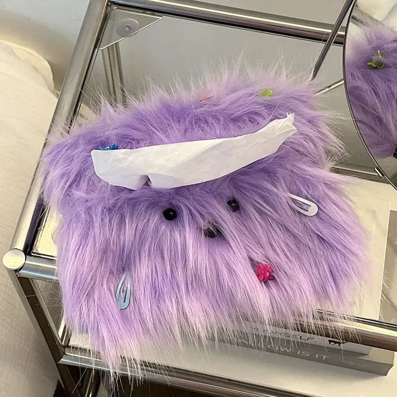 Creative Cute Curly Hair Dog Tissue Bag，Household Living Room Car Paper Box Desktop Tissue Storage Box Dopamine Decoration