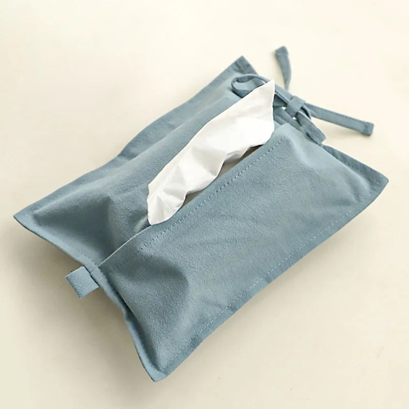 Washed Cotton Portable Tissue Bag Household Car Mounted Hanging Drawstring Bag Cover Simple Solid Color Drawstring Style