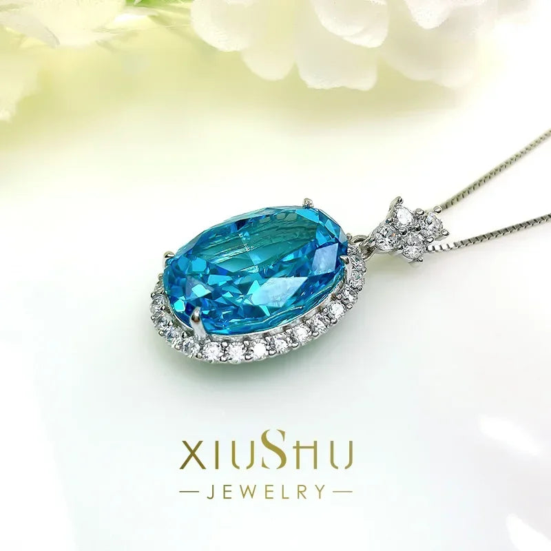 Sea Blue Treasure Pendant Necklace High Carbon Diamond Temperament 100% 925 Sterling Silver Wedding Jewelry Wholesale