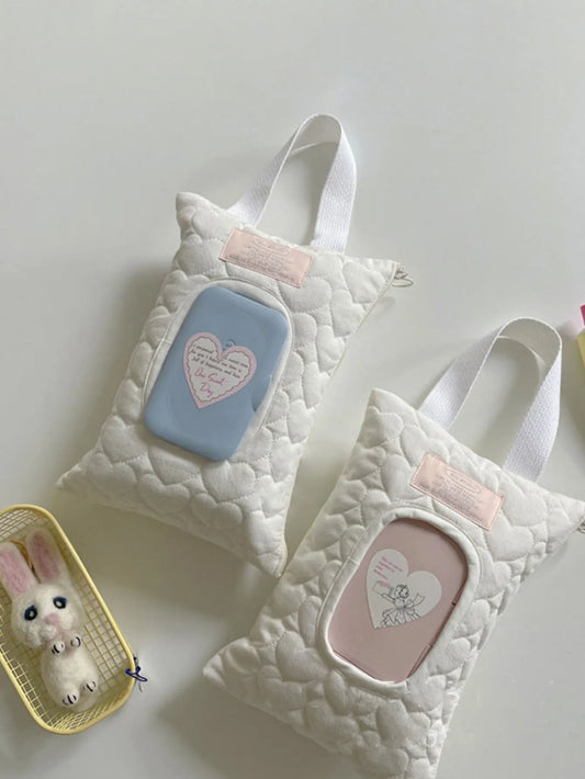 1pc heart-shaped quilted fabric tissue box with a button design,Portable, high-capacity Tissue bag for car tissue holder or wet