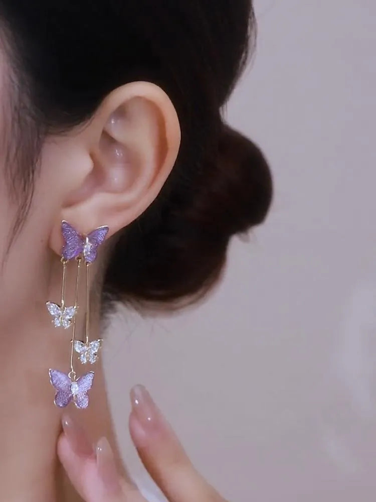 Korean Fashion Purple Crystal Butterfly Dangle Earrings for Women Long Tassel Earring Wedding Party Jewelry Gift Pendiente Mujer
