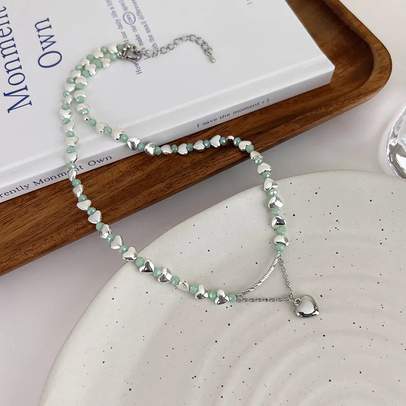 ALLNEWME New Chic Green Crystal Natural Stone Strand Chokers Necklaces Silver Heart Pendant Necklace for Women Daily Jewelry