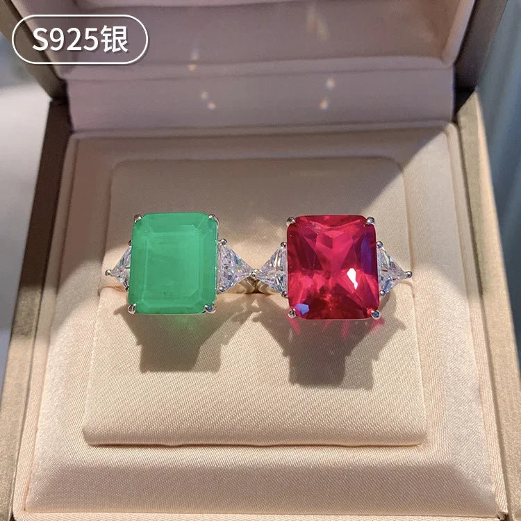 S925 Silver Imitation Red Treasure Jade Temperament Women's Ring Rectangle Main Stone 12 * 14 Jewelry Wedding Ring