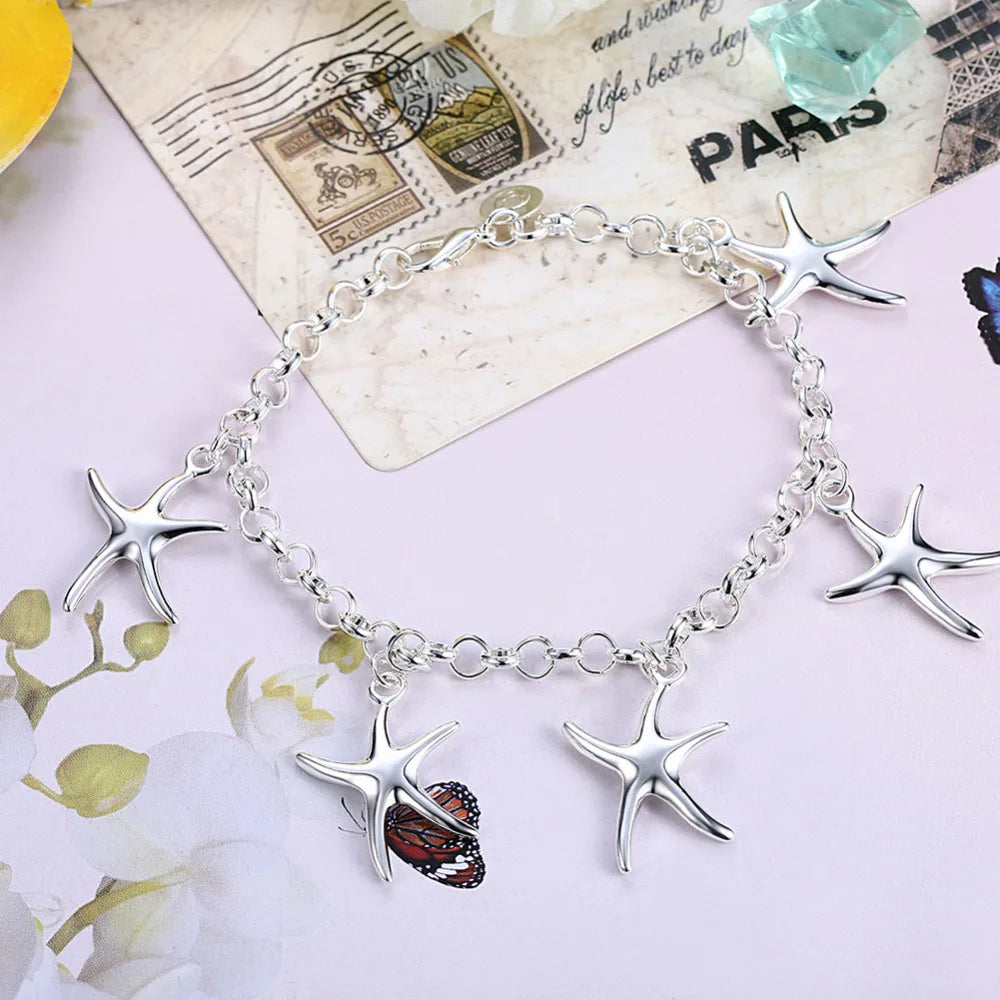 925 Sterling Silver Pretty fine starfish Pendant Bracelet necklace earrings Jewelry set for women fashion Party Christmas Gifts