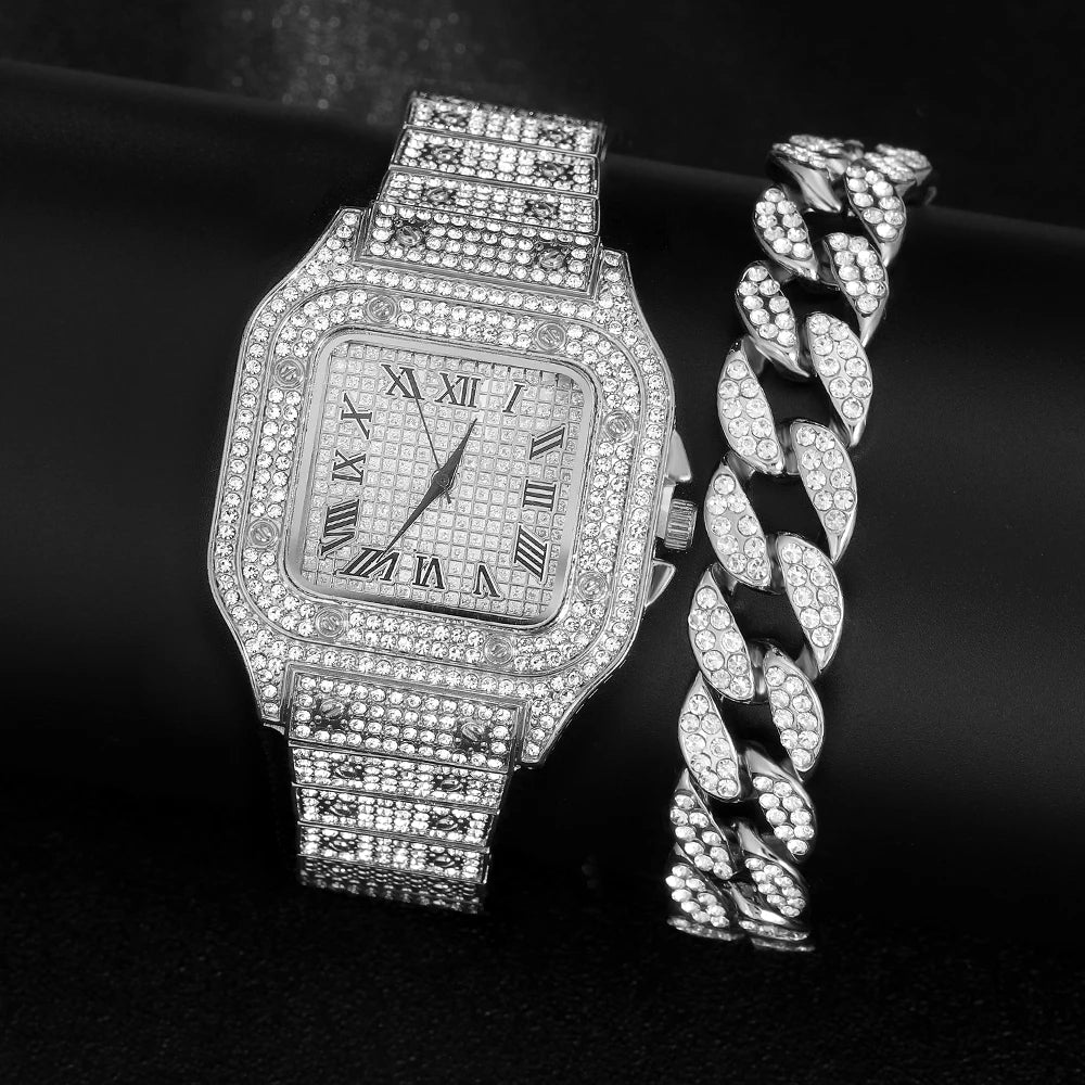 Hip Hop Iced Out Chain Necklace+Watch+Bracelet Set Men 13MM Cuban Link Chain New Rhinestone Necklace for Men Jewelry Watch Gift