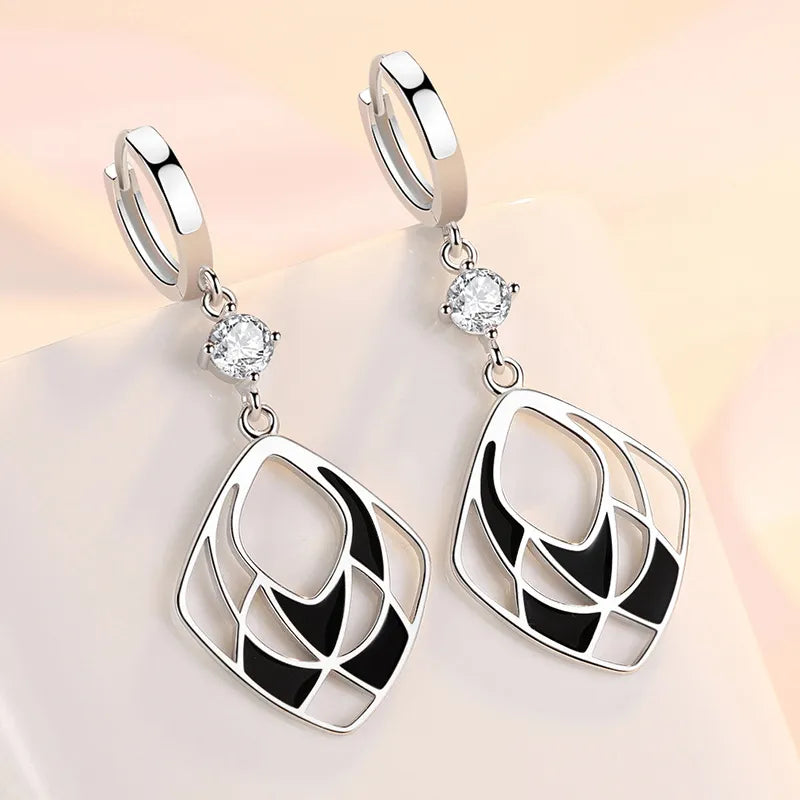 KOFSAC Geometric Hollow Nets Hoop Earrings For Women Glamorous 925 Sterling Silver Fashion Jewelry Chic Black Earring