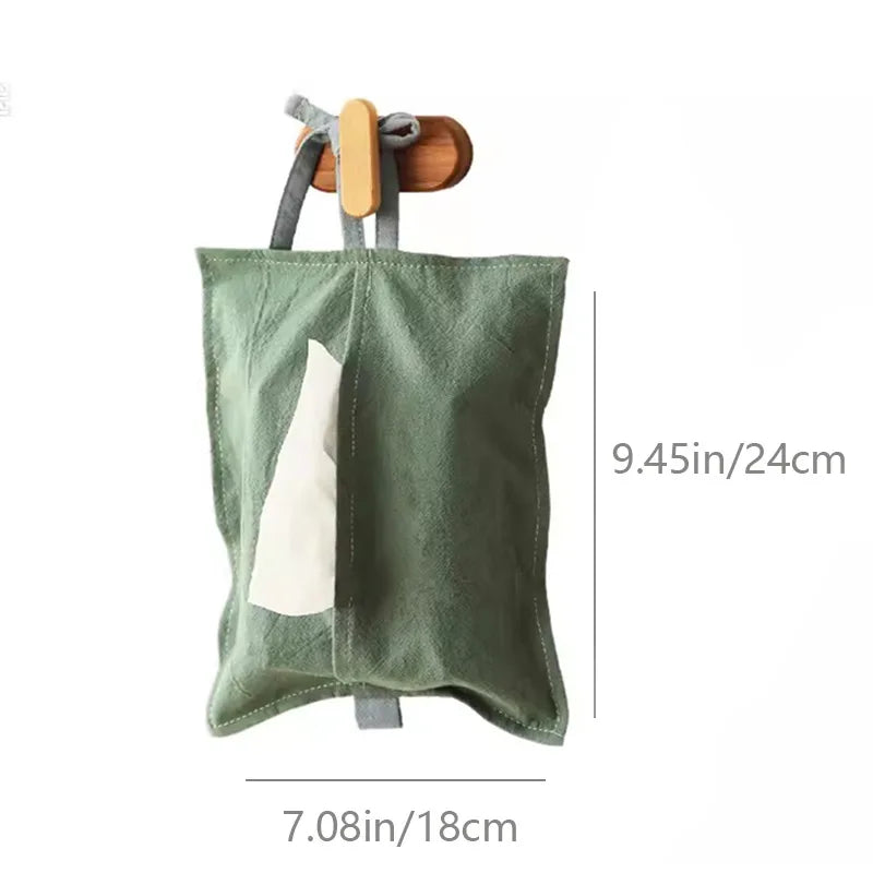 Washed Cotton Portable Tissue Bag Household Car Mounted Hanging Drawstring Bag Cover Simple Solid Color Drawstring Style