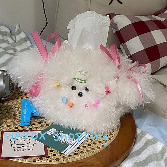 Creative Cute Curly Hair Dog Tissue Bag，Household Living Room Car Paper Box Desktop Tissue Storage Box Dopamine Decoration