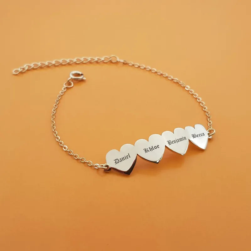 Personalized Family Members Name Bracelet Anniversary Jewelry Stainless Steel Cute Heart Engraving Nameplate Charm Bracelet