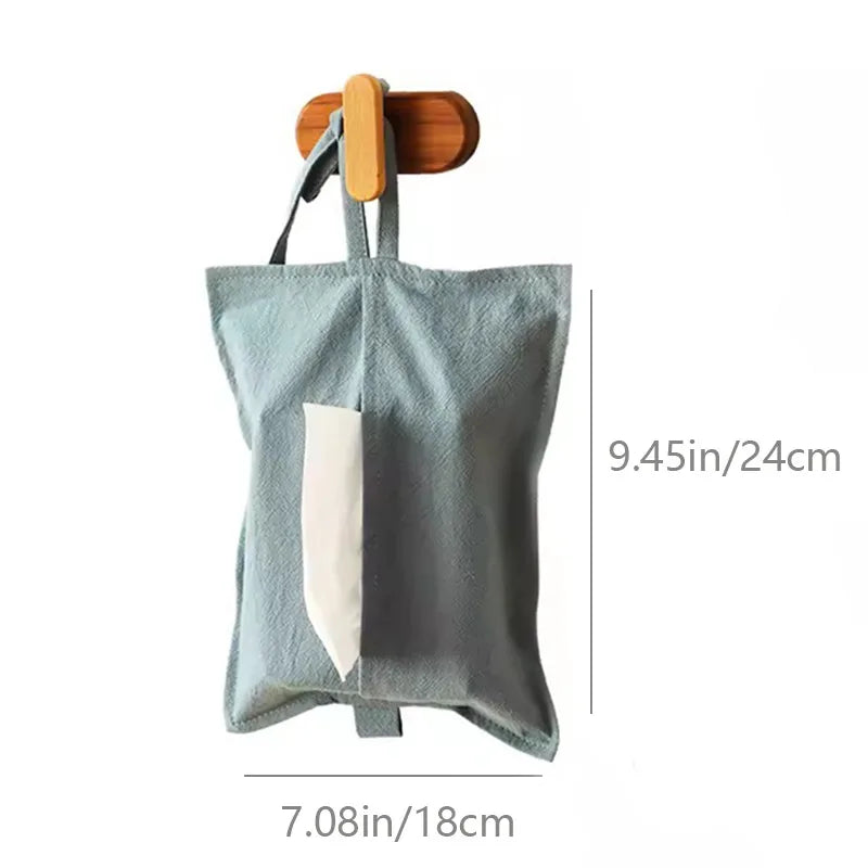 Washed Cotton Portable Tissue Bag Household Car Mounted Hanging Drawstring Bag Cover Simple Solid Color Drawstring Style