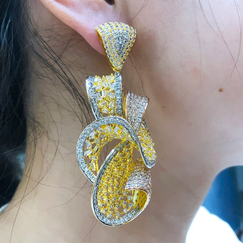 SisCathy Exclusive Design Cubic Zirconia Dubai Gold Fashion Hanging Earrings for Women Weddings Banquet Party Exquisite Jewelry
