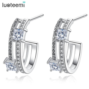 LUOTEEMI Trendy New Cubic Zircon Earrings Exquisite Elegant Hollow Chic Daily Circle Hoop for Women Bridal Wedding Dress Jewelry