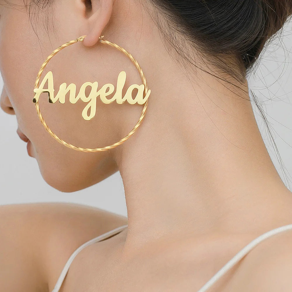 Custom Name Twisted Earrings Women Personalized Stainless Steel Hoop Earring Bold Funky Hypoallergenic Custom Dangling Jewelry