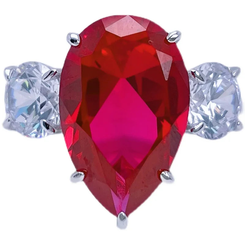 925 Silver Set Red Corundum High Carbon Diamond Red Treasure Index Finger Ring Female Big Treasure Wedding Jewelry