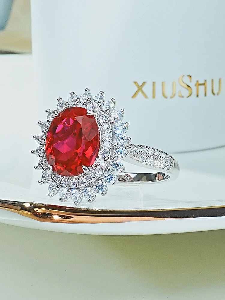 Simple 925 Sterling Silver Egg shaped Red Treasure Ring Set with High Carbon Diamonds, Elegant Design, Versatile Jewelry