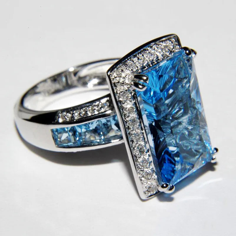 Temperament Sea Blue Zircon Full Diamond Color Treasure Opening Ring Female 925 Stamp Fashion Wedding Party Jewelry Gift