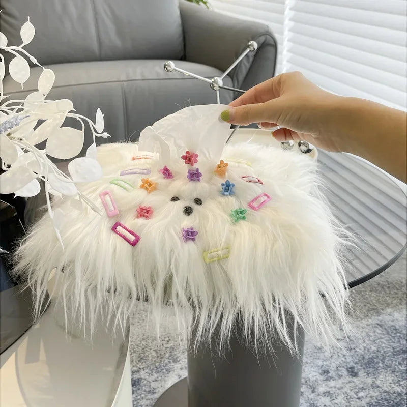 Creative Cute Curly Hair Dog Tissue Bag，Household Living Room Car Paper Box Desktop Tissue Storage Box Dopamine Decoration