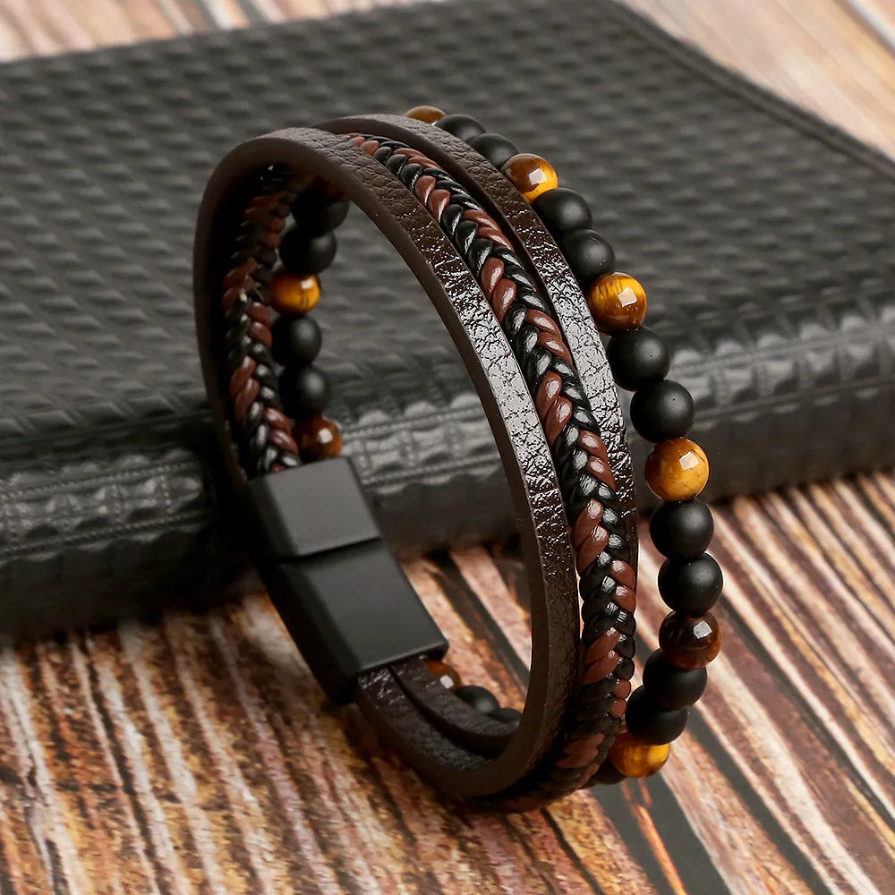 Hot Fashion Beads Leather Bracelet Men Classic Tiger Eye Beaded Multi Layer Leather Bracelet For Men Jewelry 2023 Gift